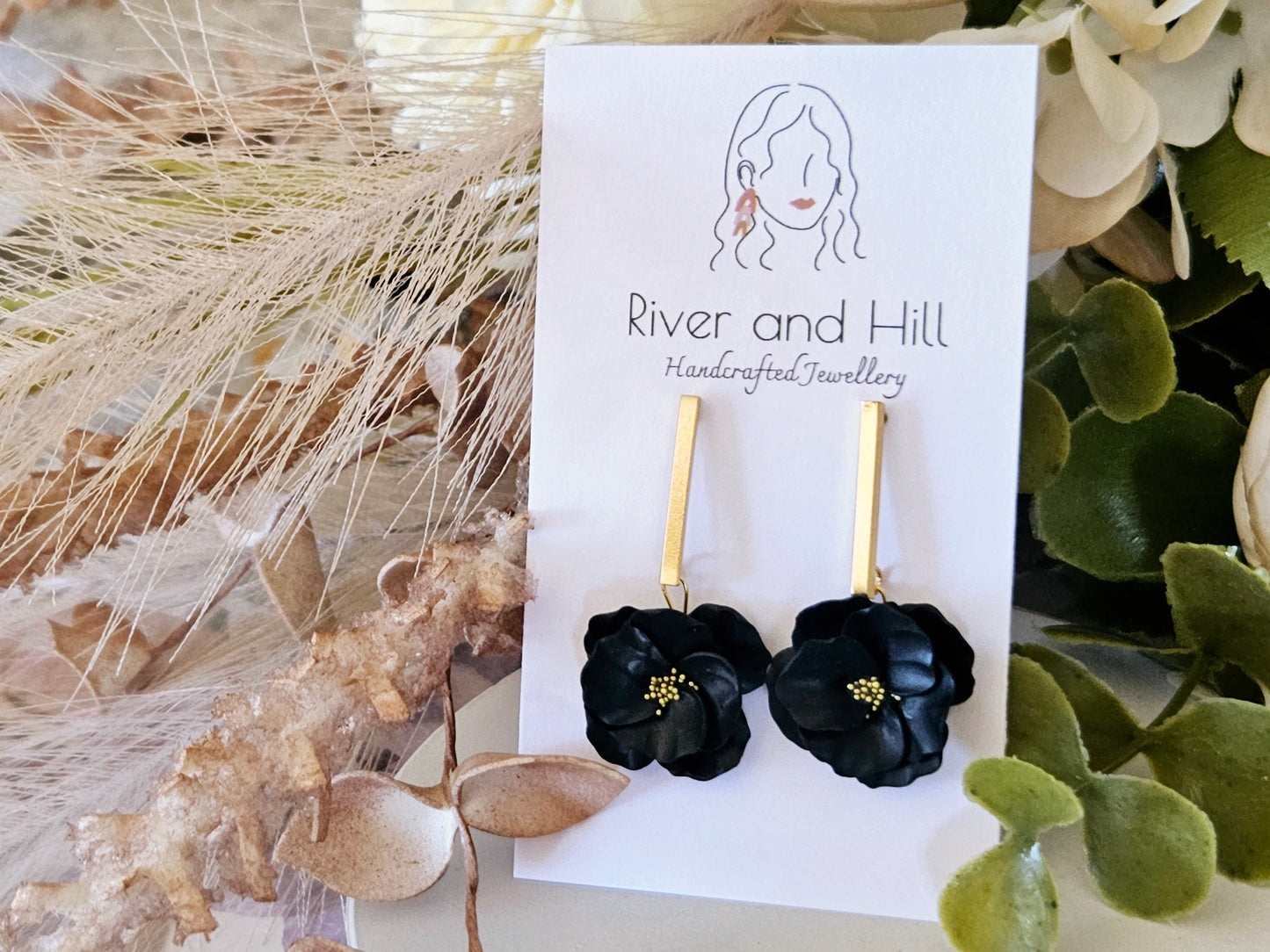 Floral Bloom Black and Gold Bar Earrings