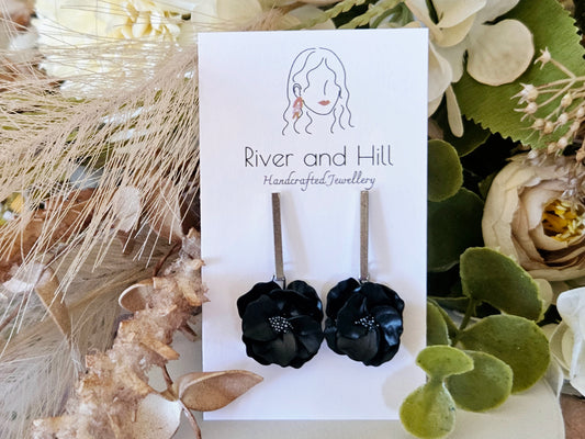 Floral Bloom Black Bar Earrings