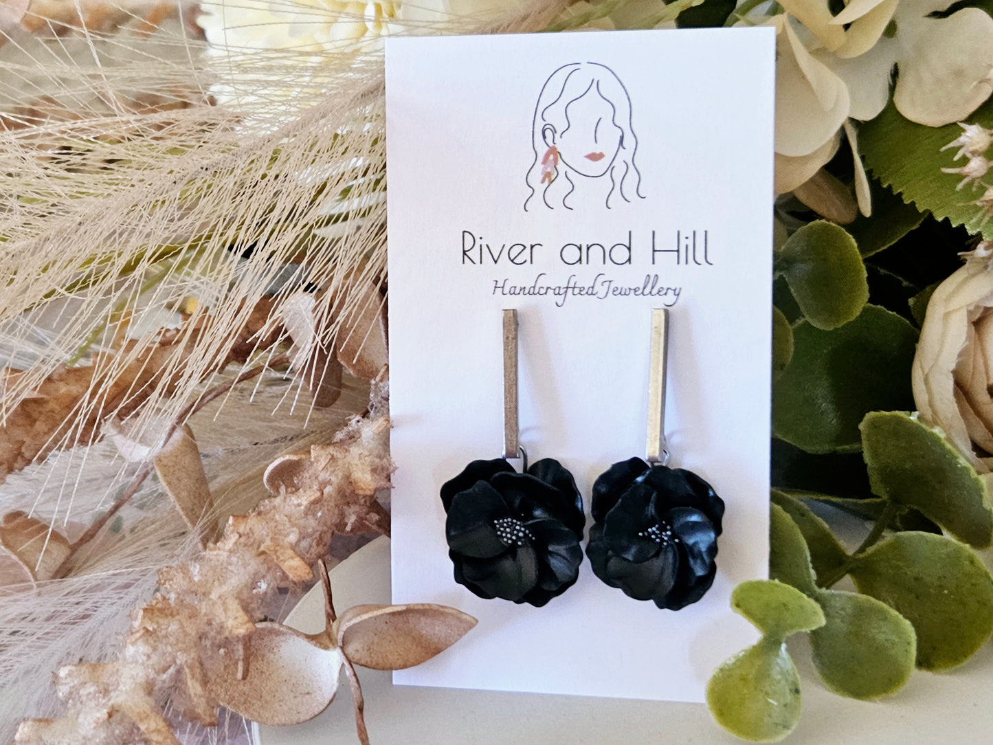 Floral Bloom Black Bar Earrings