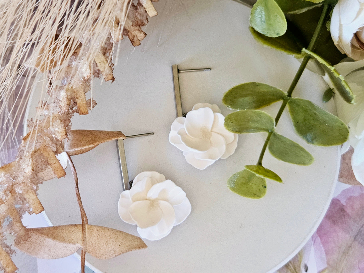 Floral Bloom White Bar Earrings