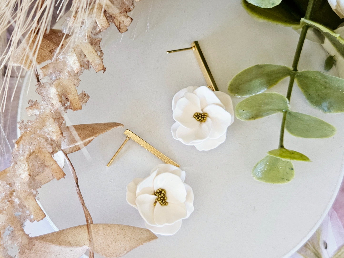 Floral Bloom White and Gold Bar Earrings