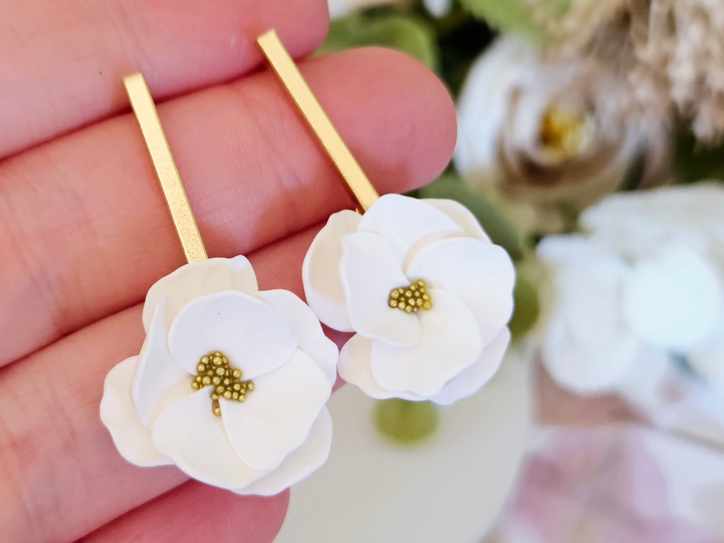 Floral Bloom White and Gold Bar Earrings