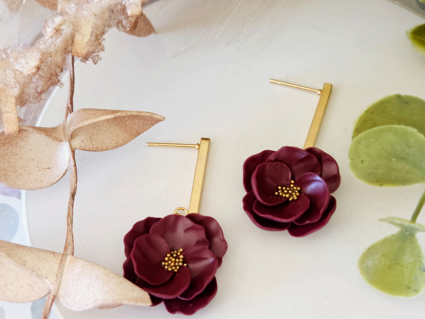 Floral Bloom Red Bar Earrings