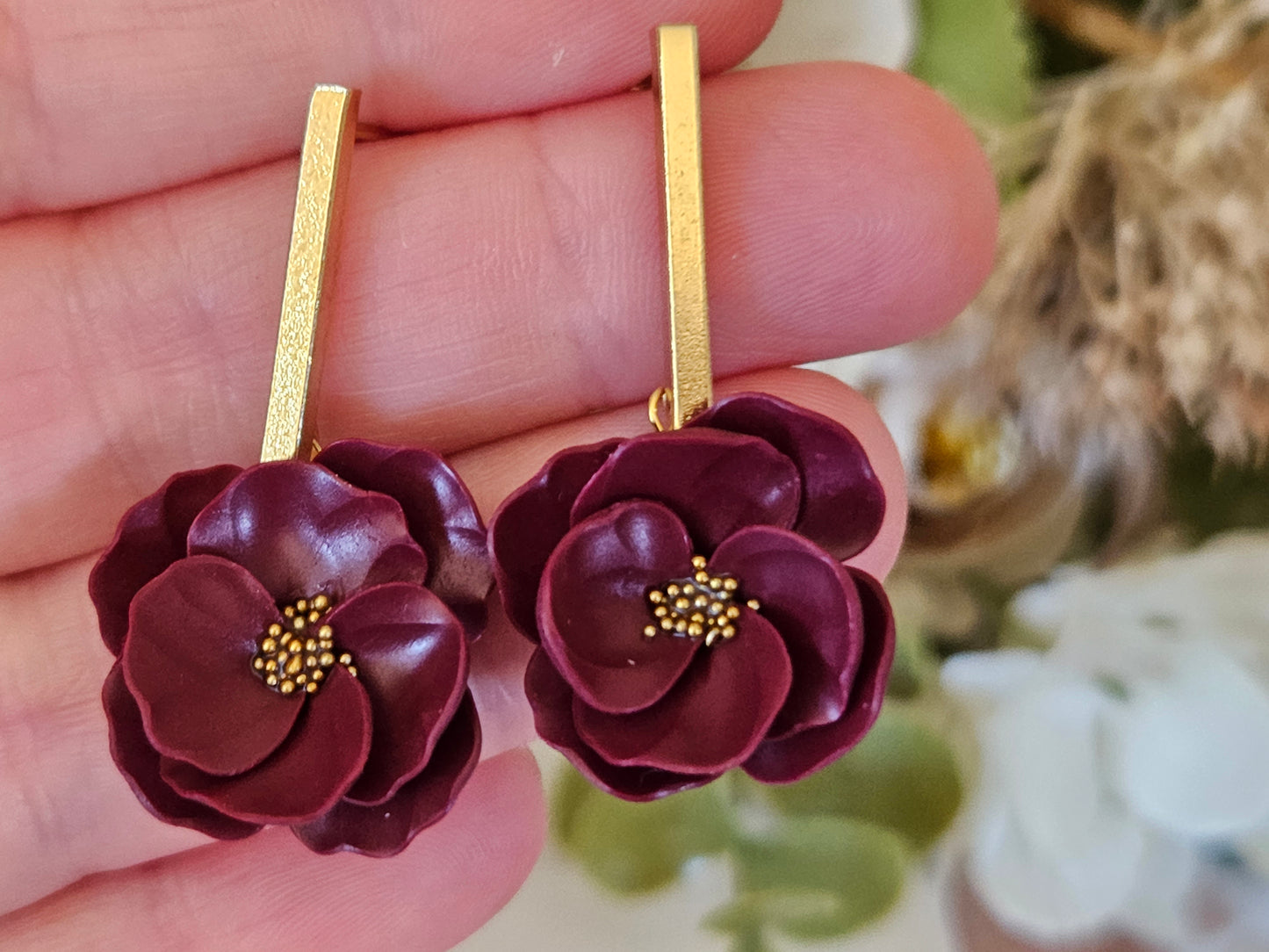 Floral Bloom Red Bar Earrings