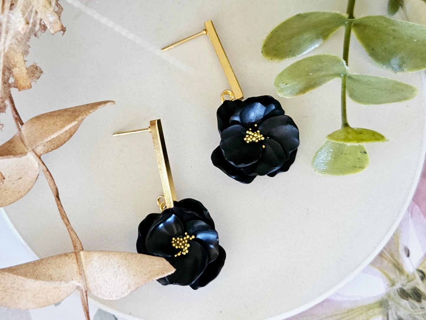 Floral Bloom Black and Gold Bar Earrings