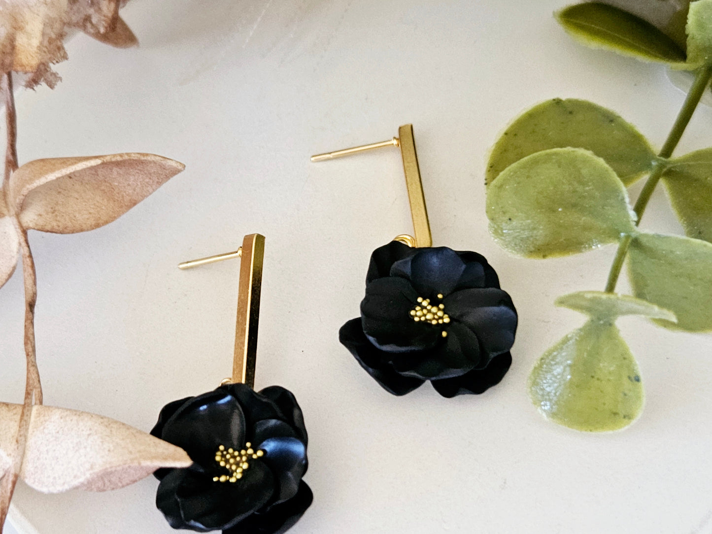 Floral Bloom Black and Gold Bar Earrings