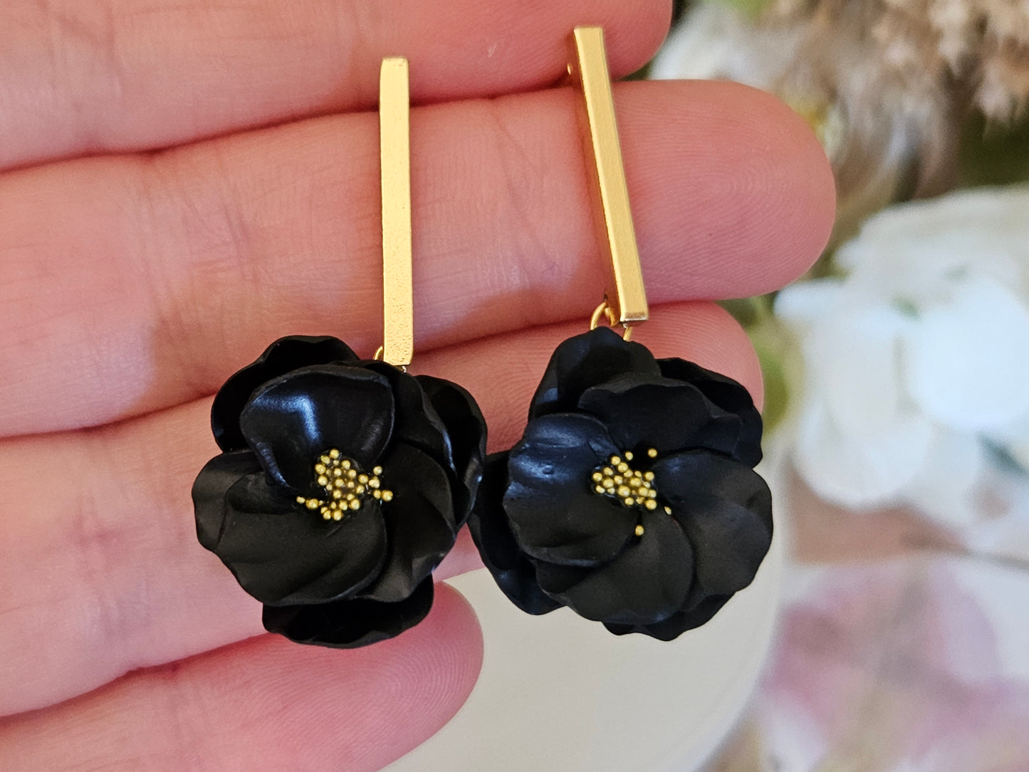 Floral Bloom Black and Gold Bar Earrings