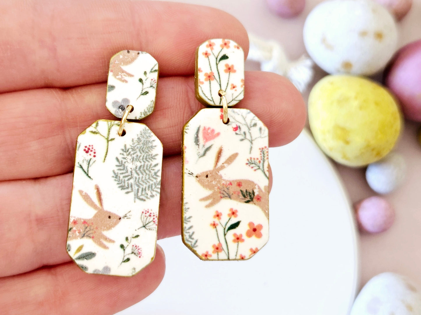 Easter Rabbit Print Rectangular Earrings