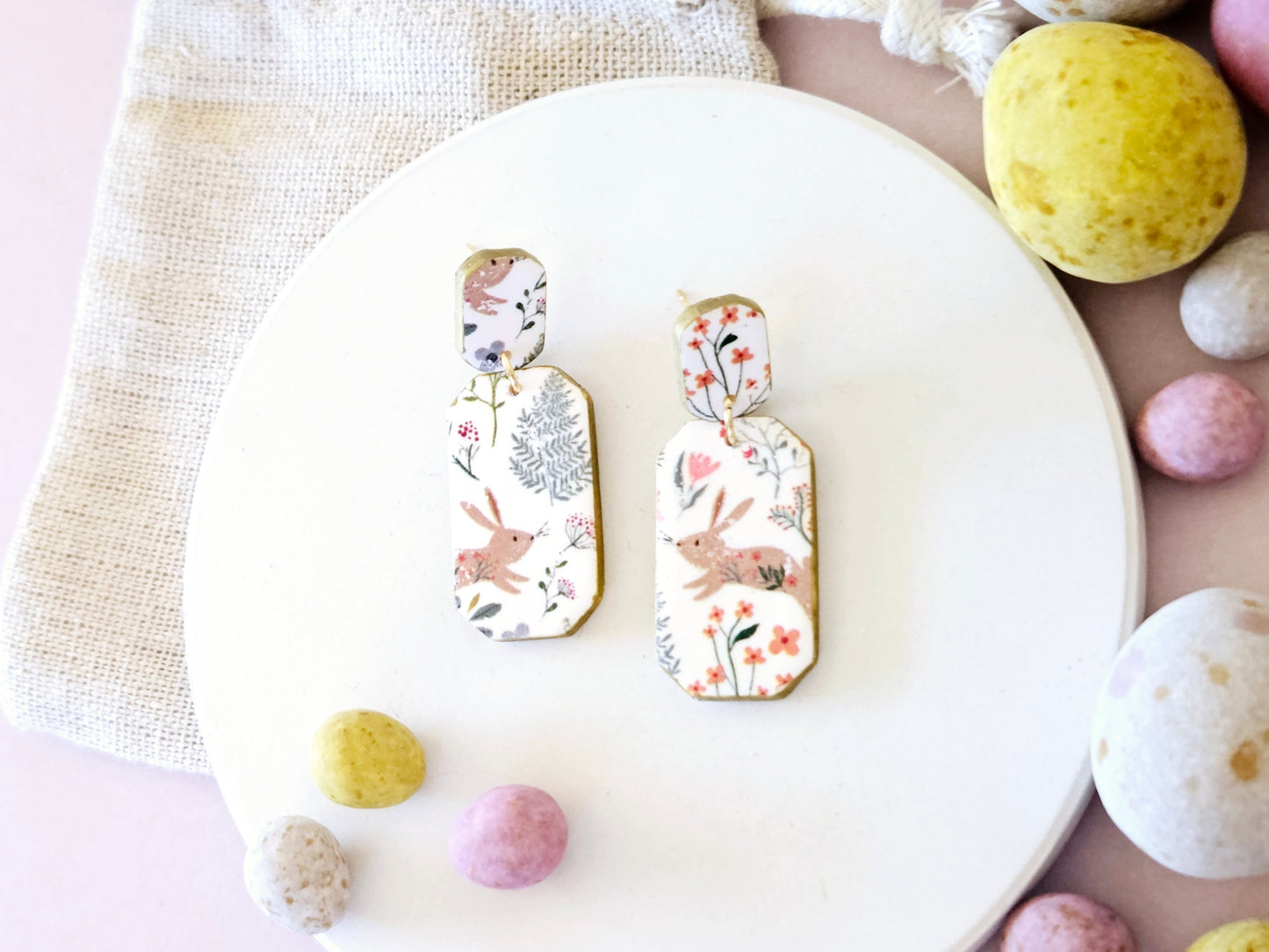 Easter Rabbit Print Rectangular Earrings