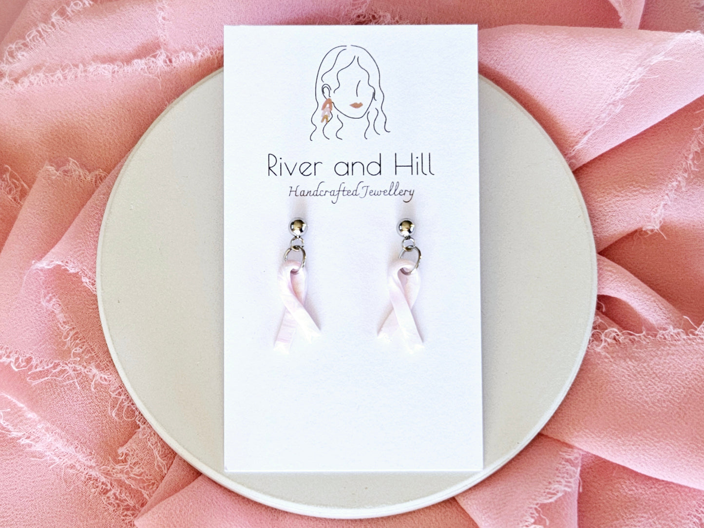 Breast Cancer Awareness Small Pink Ribbon Earrings