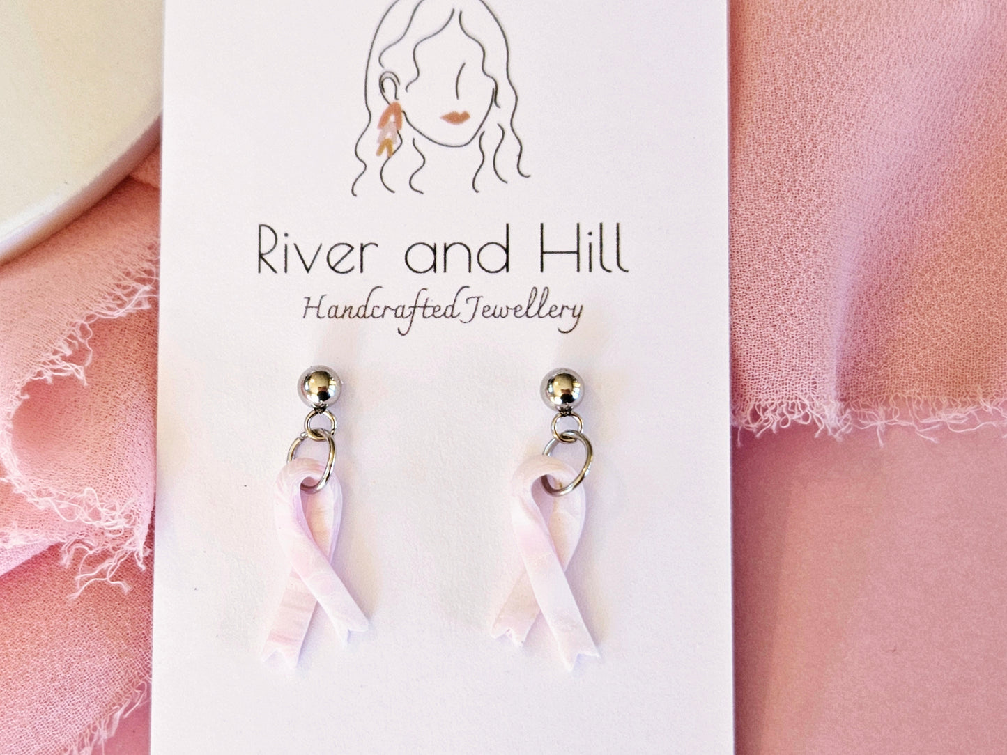 Breast Cancer Awareness Small Pink Ribbon Earrings