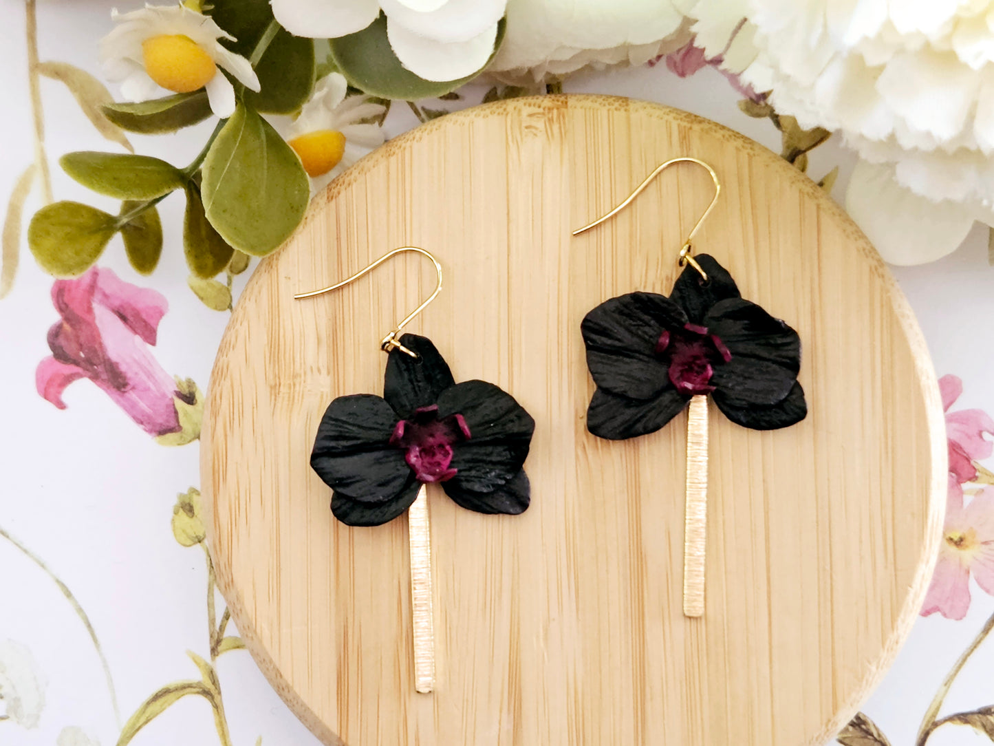 Black Orchid Hook Earrings