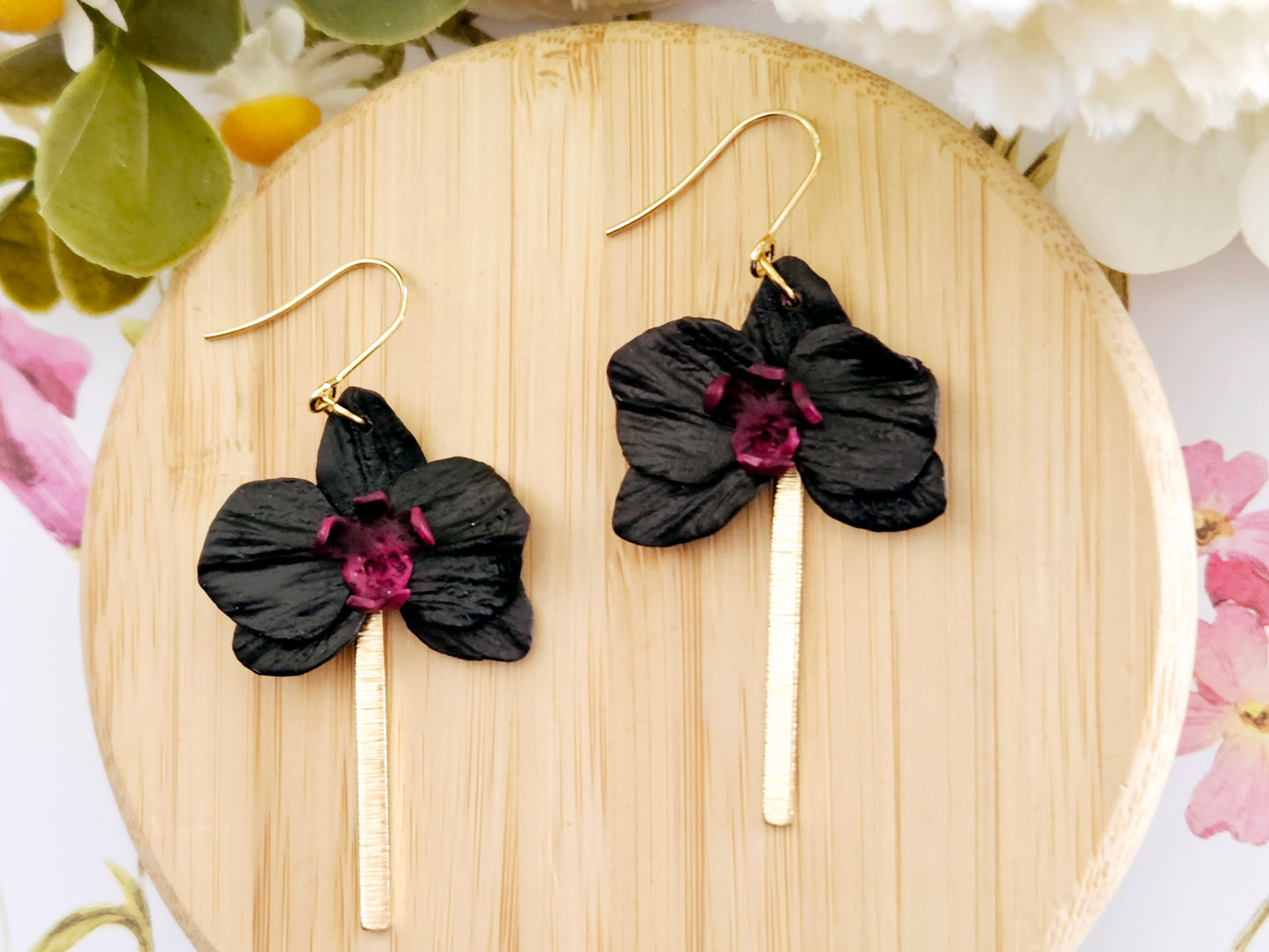 Black Orchid Hook Earrings