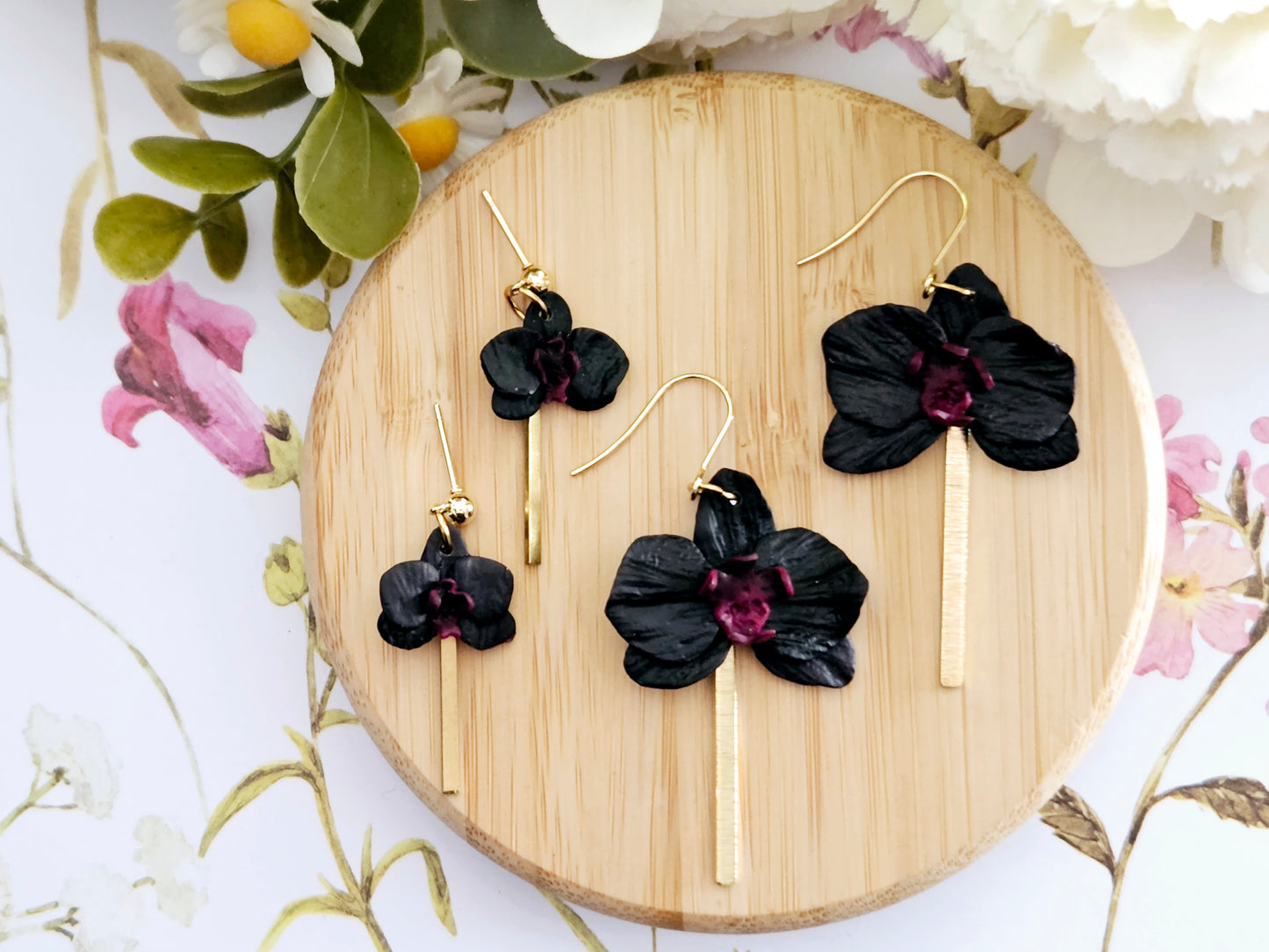 Black Orchid Hook Earrings