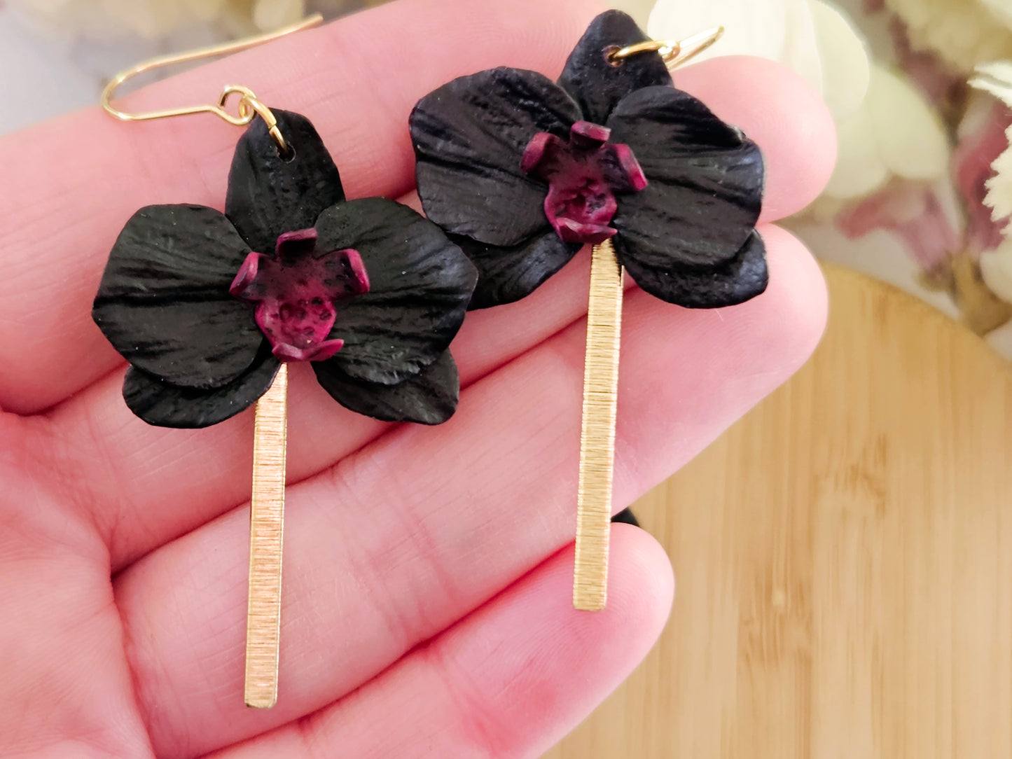 Black Orchid Hook Earrings