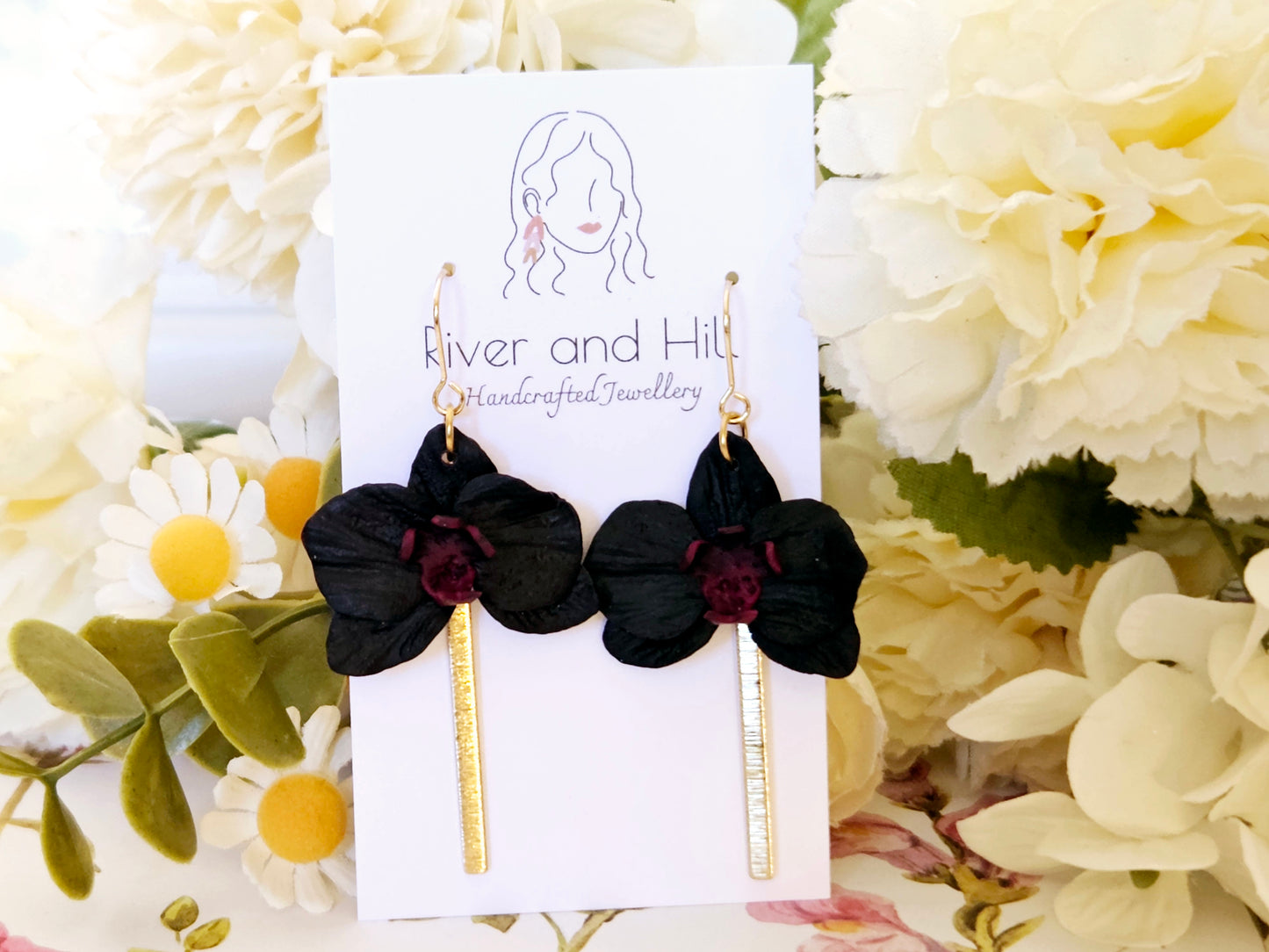 Black Orchid Hook Earrings