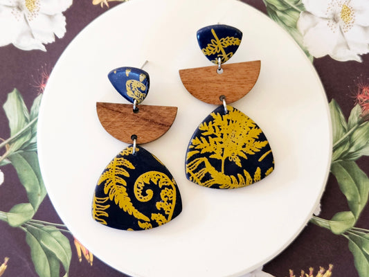 Navy Fern Print Statement Earrings