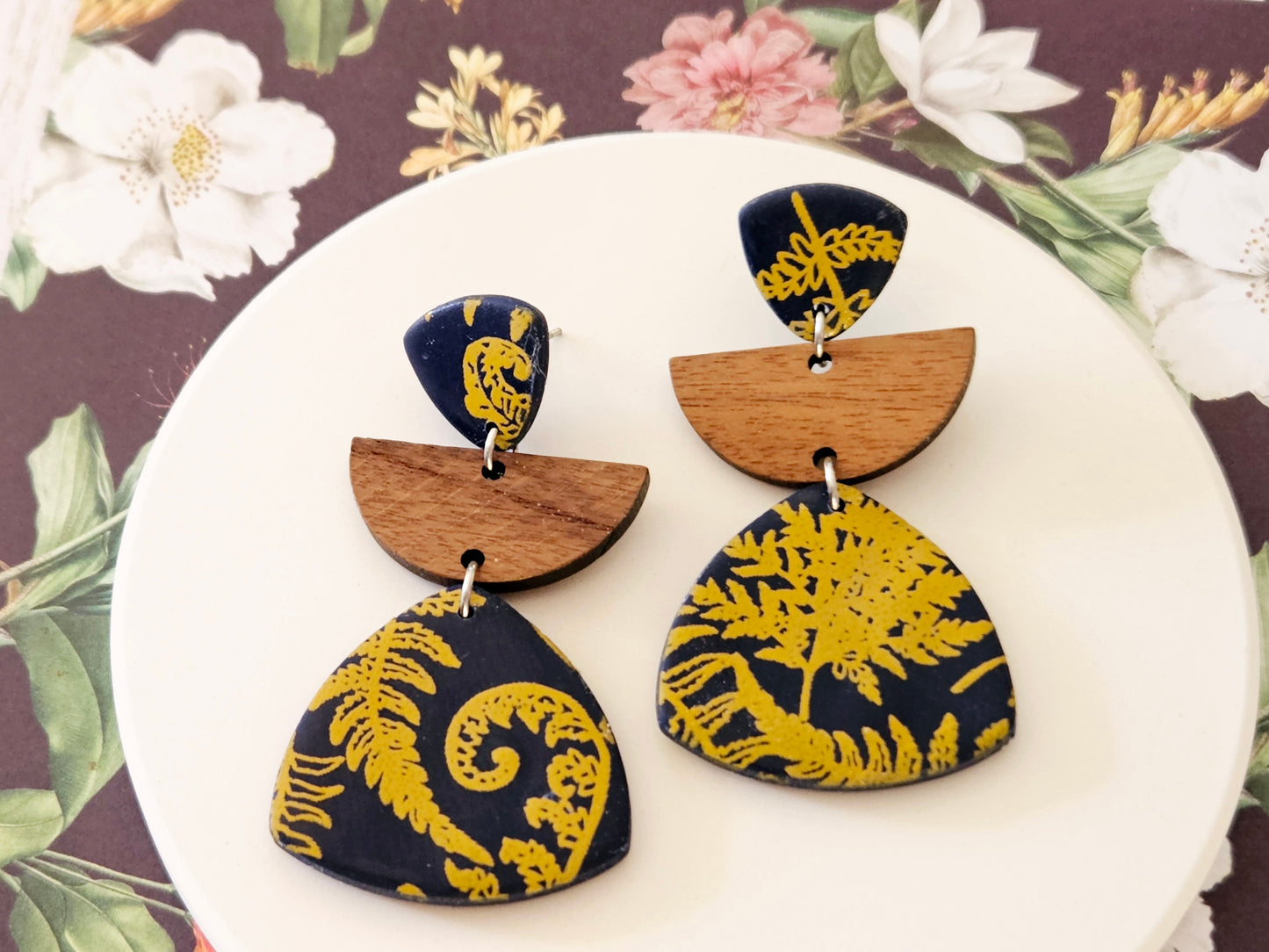 Navy Fern Print Statement Earrings