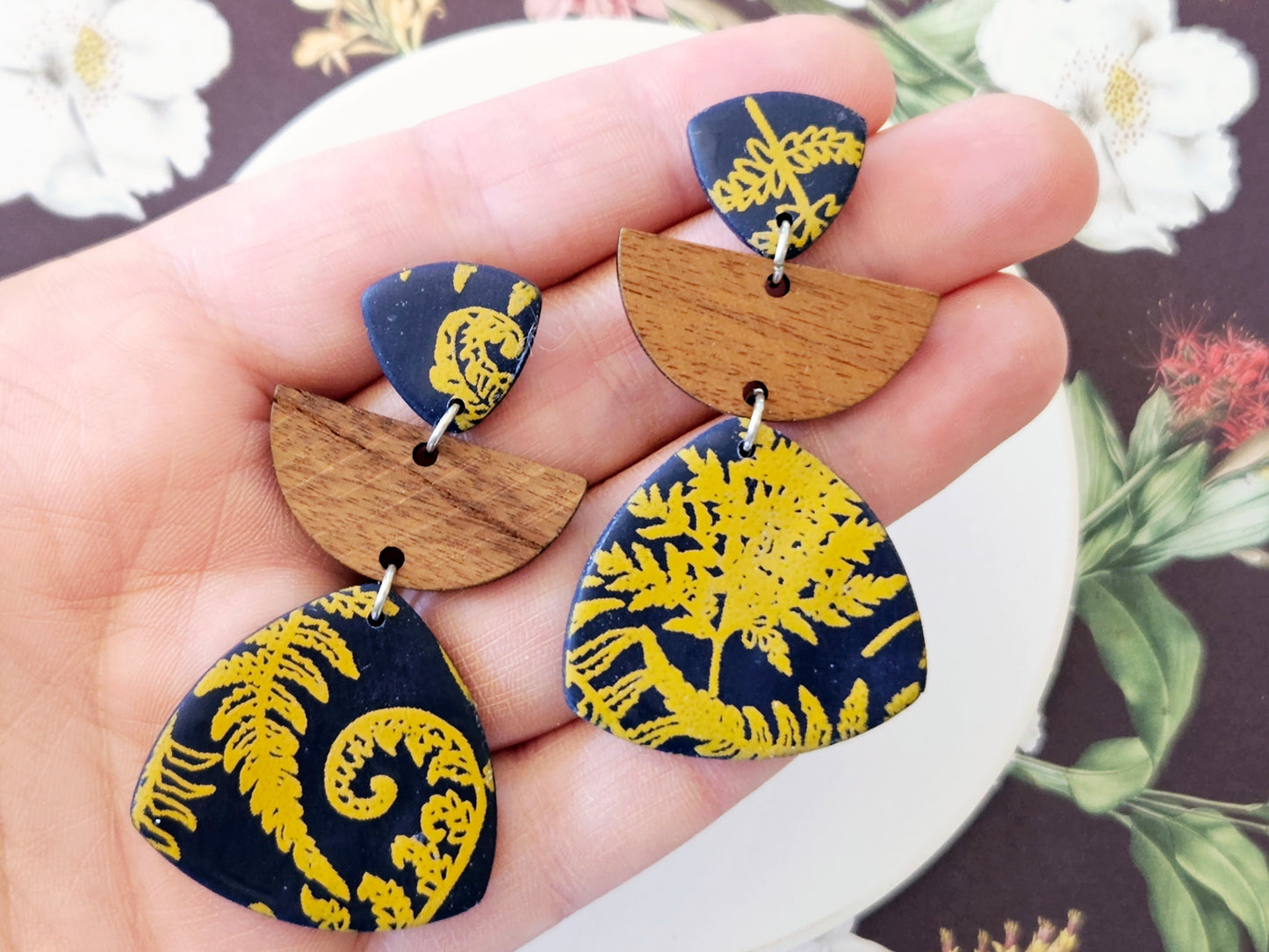 Navy Fern Print Statement Earrings