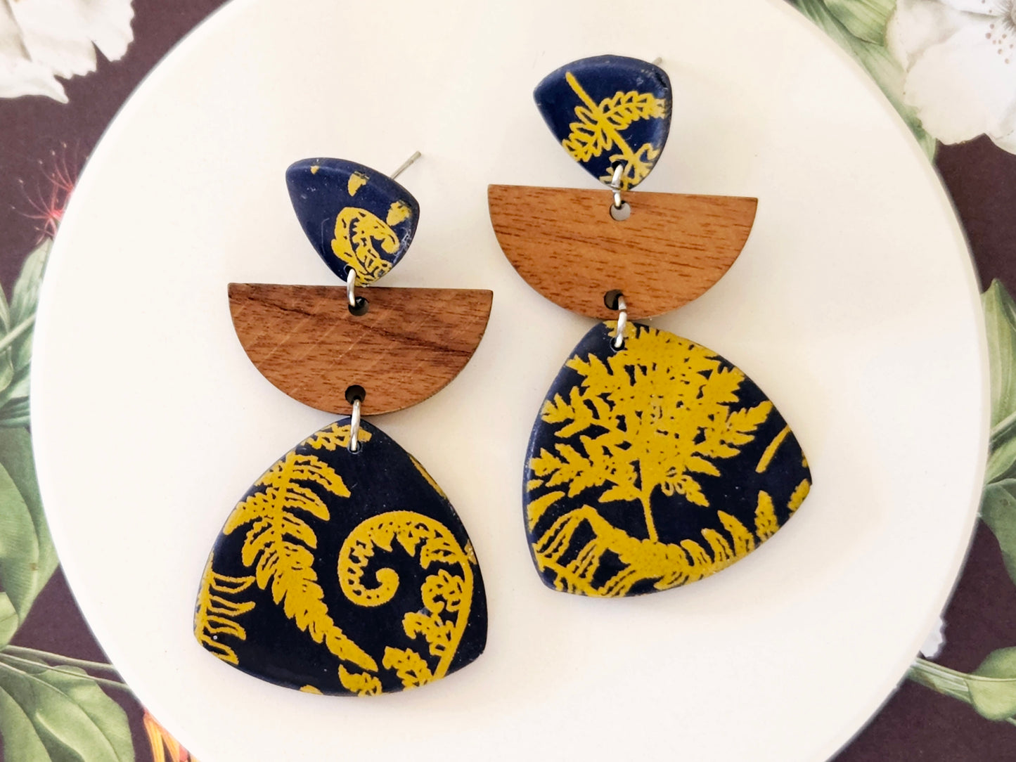 Navy Fern Print Statement Earrings