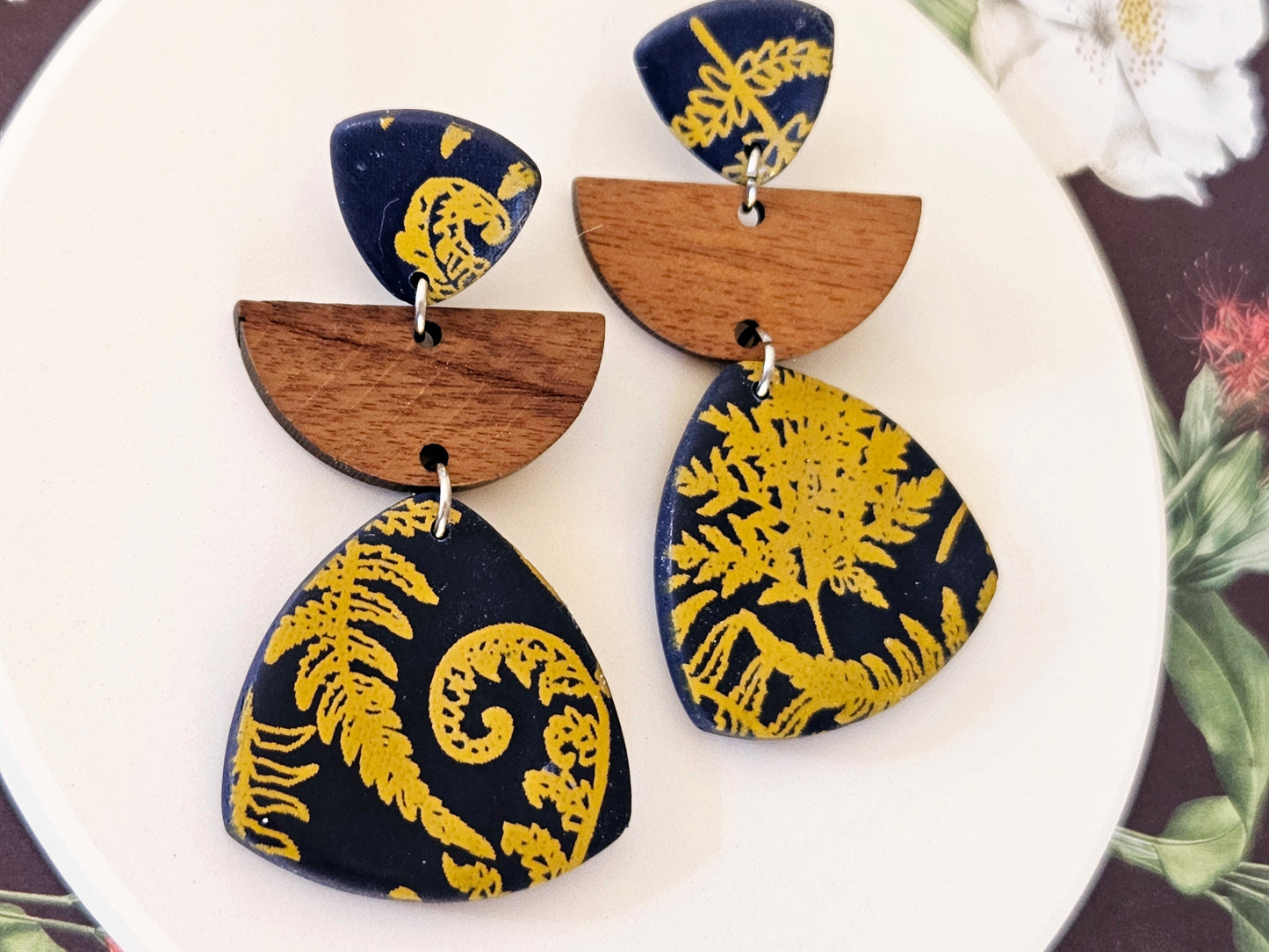 Navy Fern Print Statement Earrings