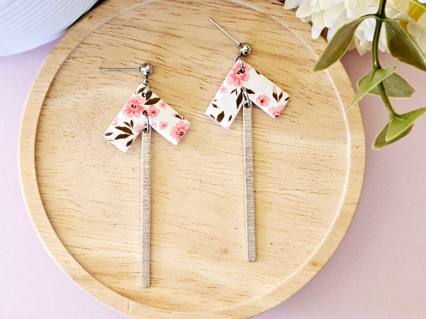 Arrow Floral Print Silver Dangle Earrings