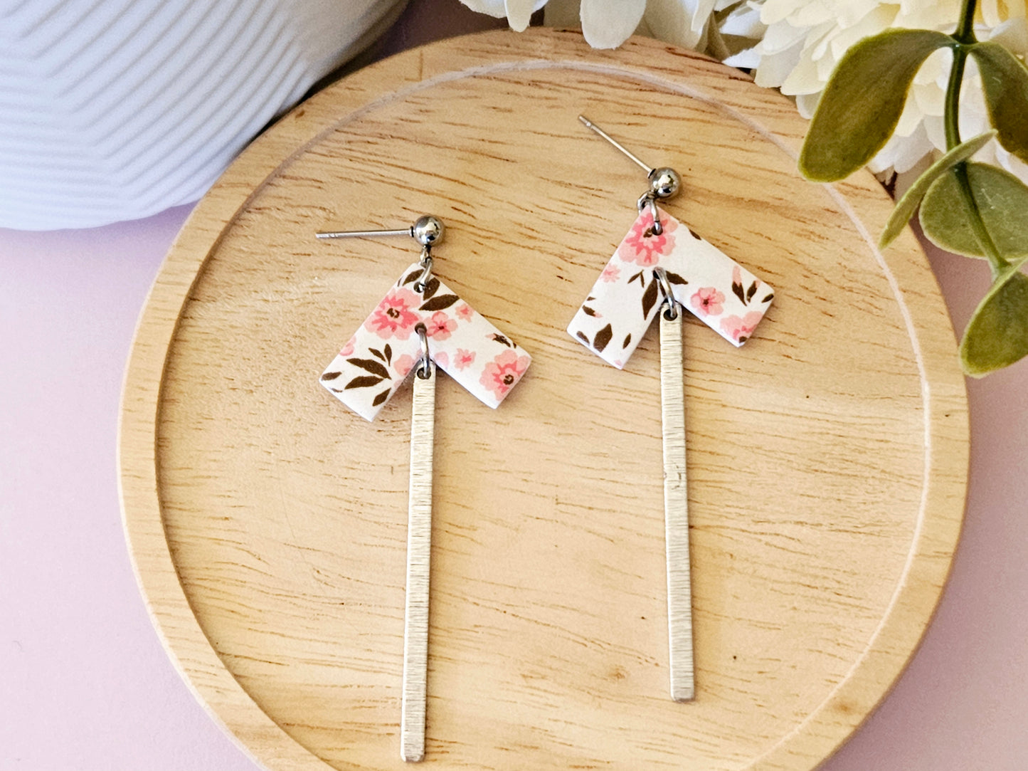 Arrow Floral Print Silver Dangle Earrings