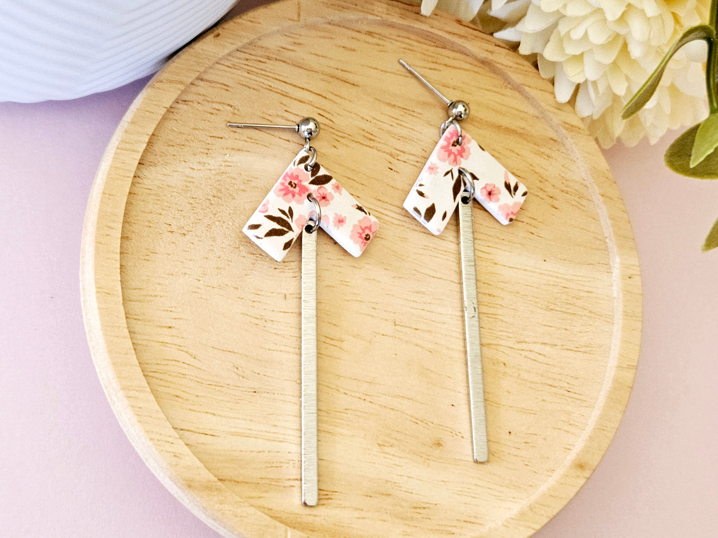 Arrow Floral Print Silver Dangle Earrings