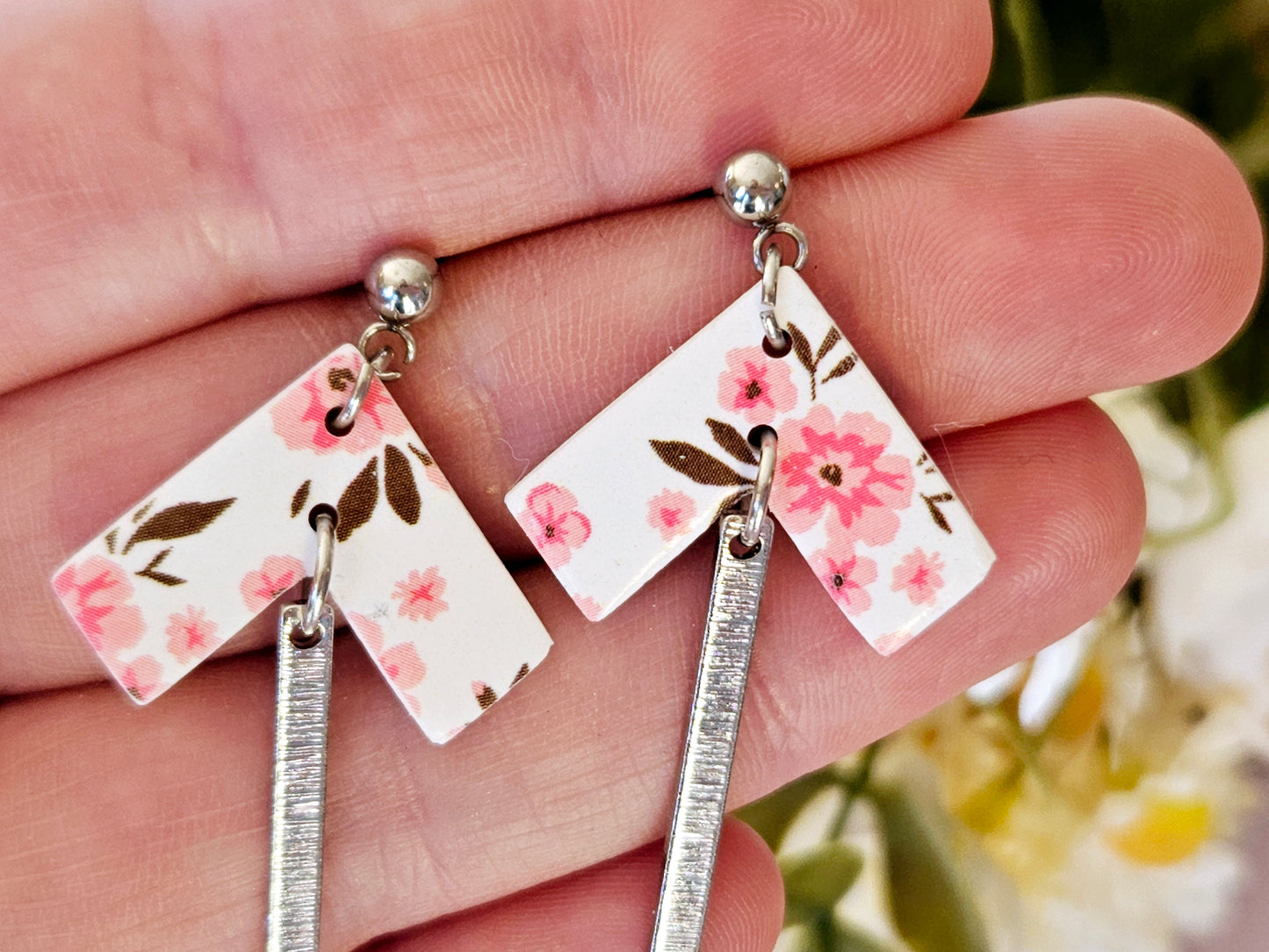 Arrow Floral Print Silver Dangle Earrings