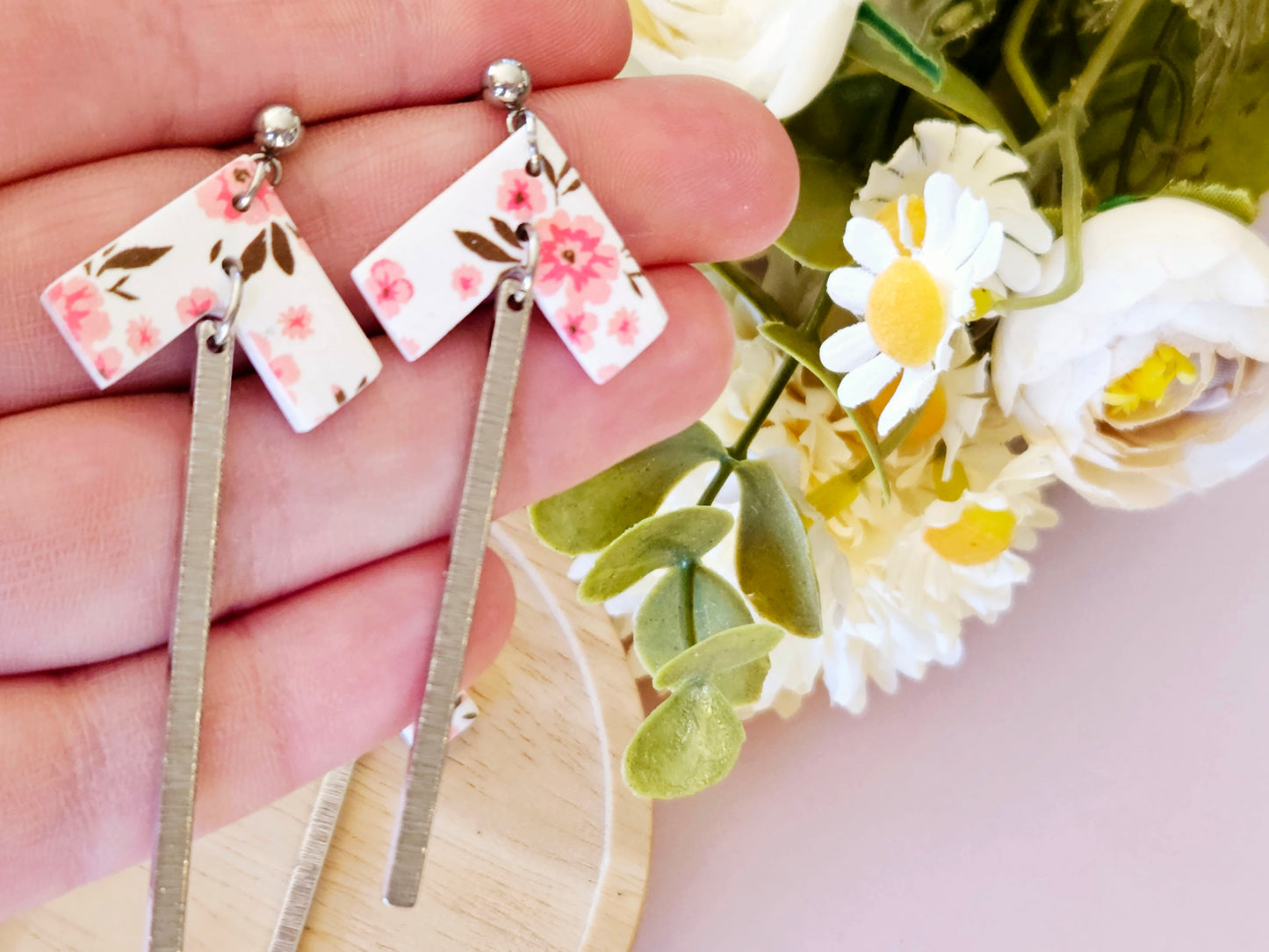 Arrow Floral Print Silver Dangle Earrings