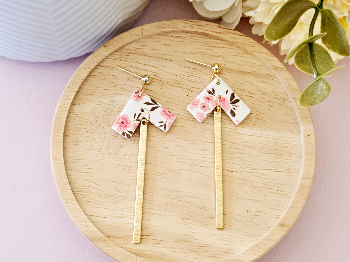 Arrow Floral Print Gold Dangle Earrings