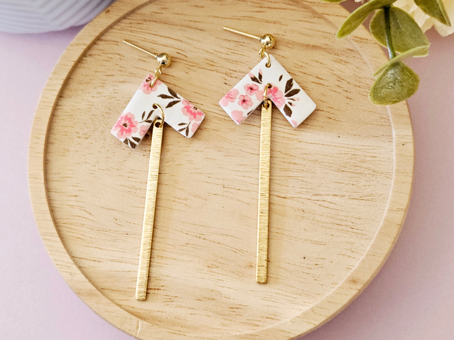 Arrow Floral Print Gold Dangle Earrings