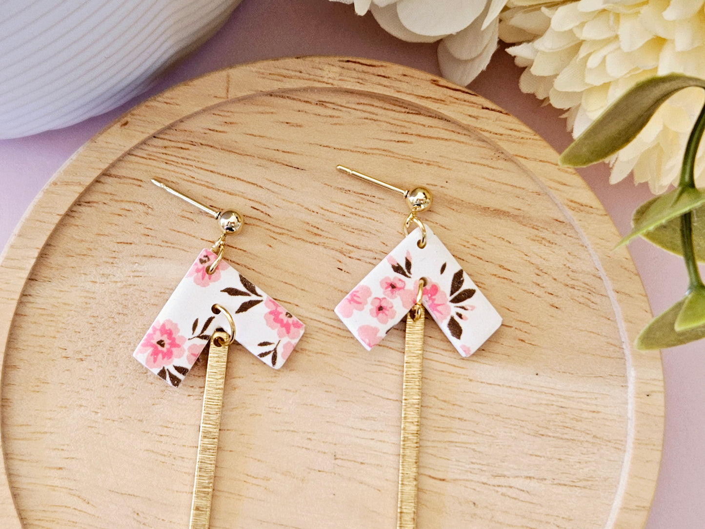 Arrow Floral Print Gold Dangle Earrings