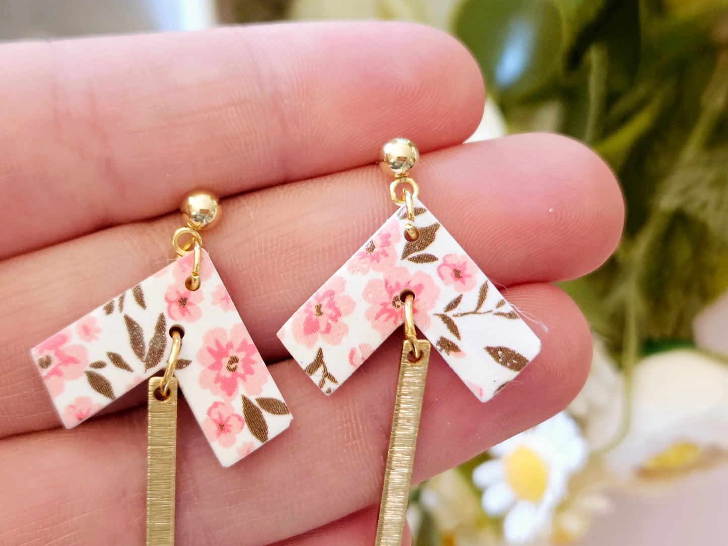 Arrow Floral Print Gold Dangle Earrings