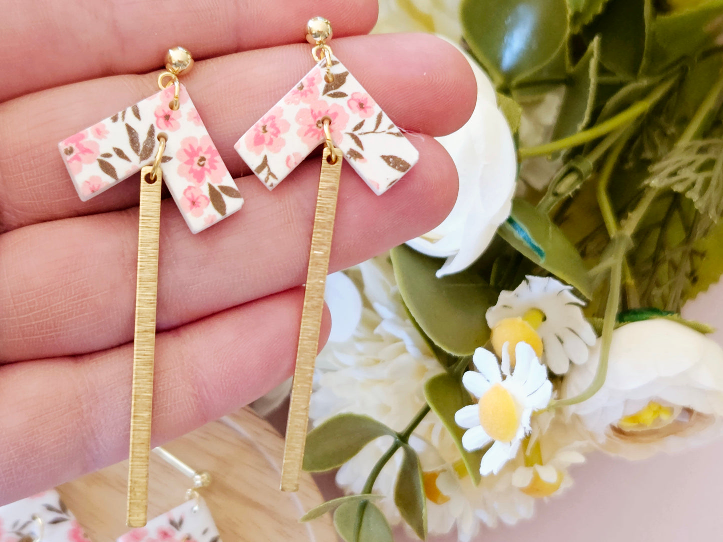 Arrow Floral Print Gold Dangle Earrings