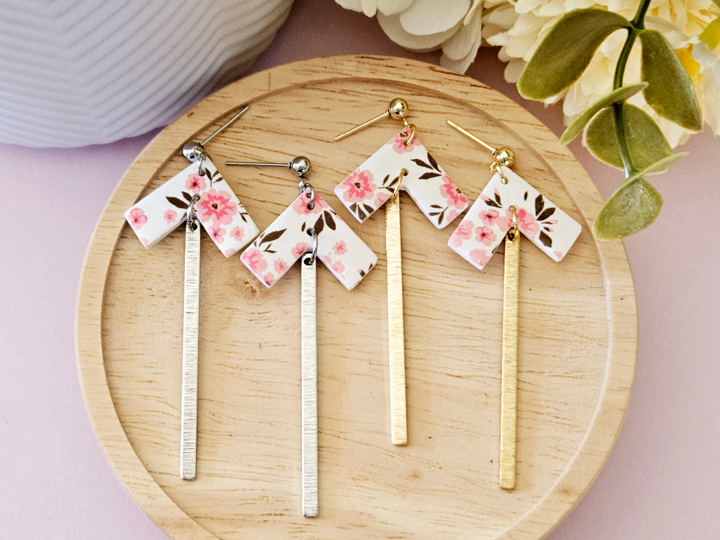 Arrow Floral Print Gold Dangle Earrings