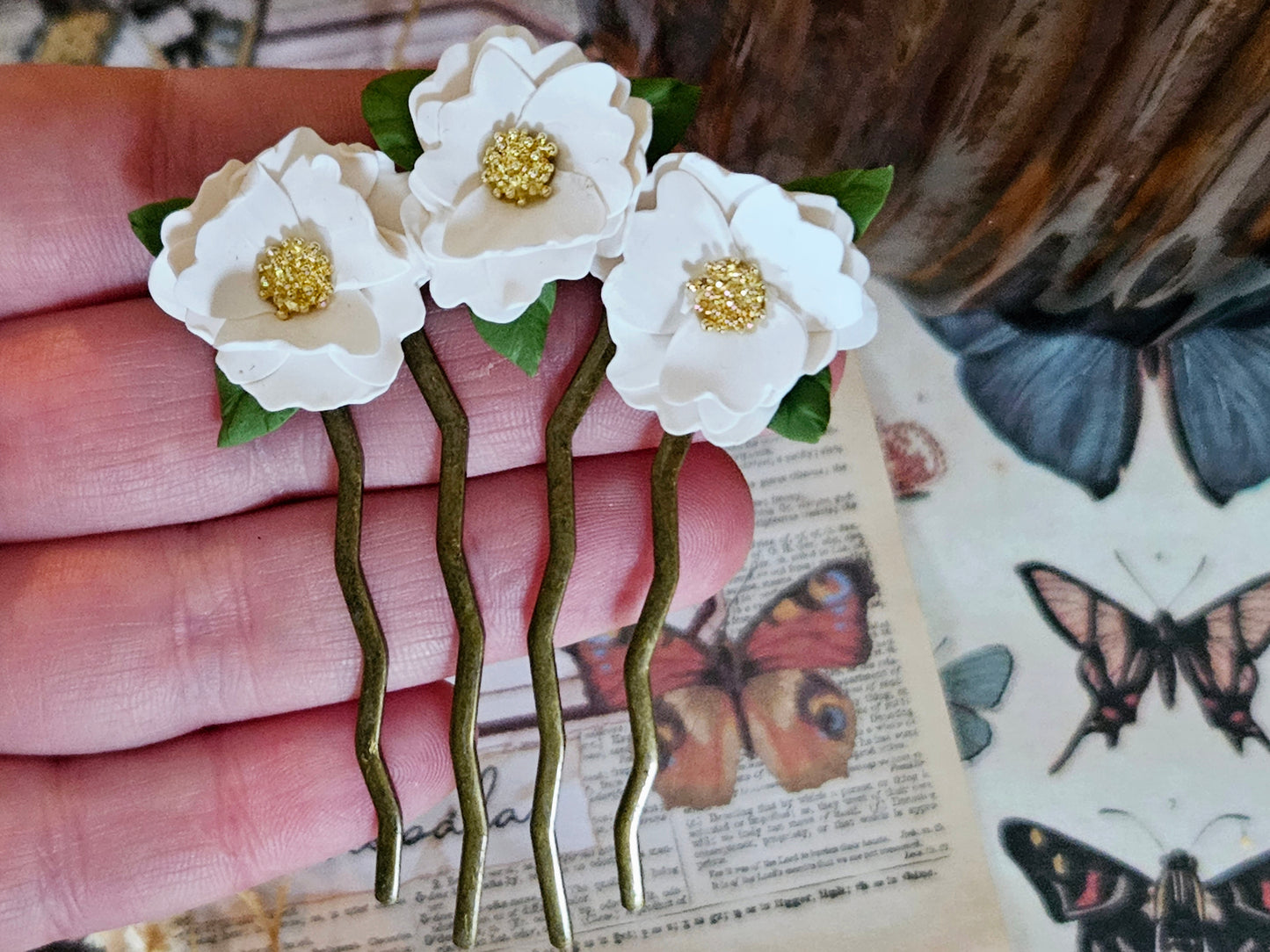 White Floral Hair Fork