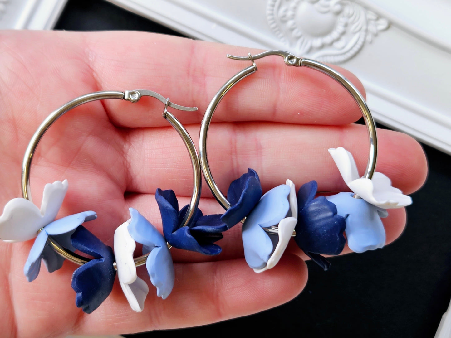 Botanical Blues Silver Hoop Earrings