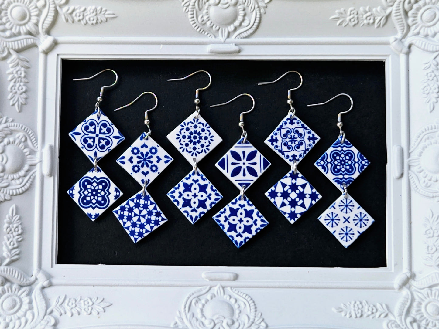 Botanical Blues White Moroccan Tile Earrings