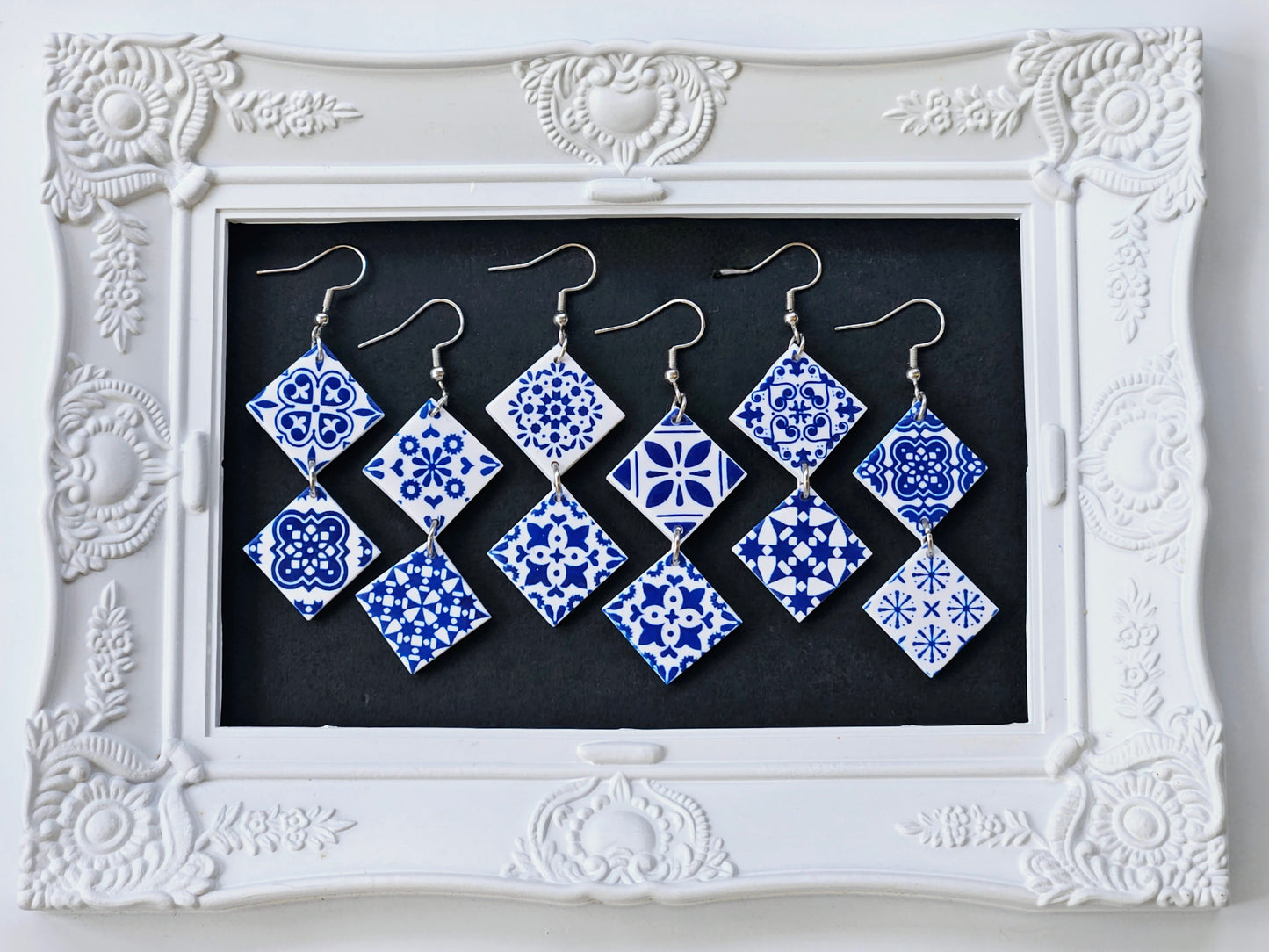 Botanical Blues White Moroccan Tile Earrings