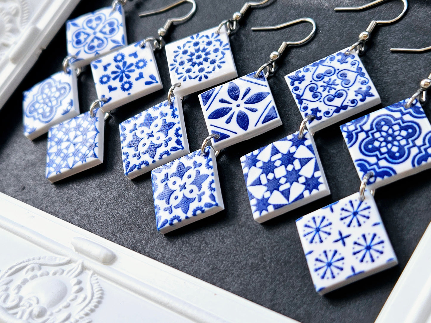 Botanical Blues White Moroccan Tile Earrings