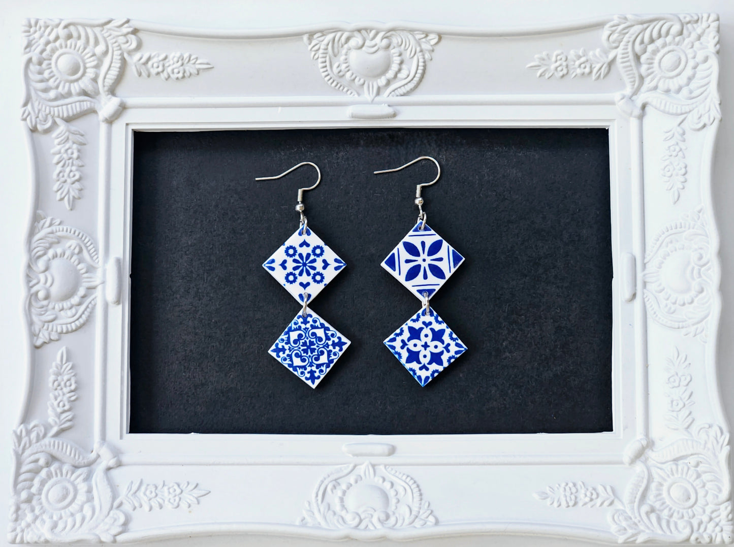 Botanical Blues White Moroccan Tile Earrings