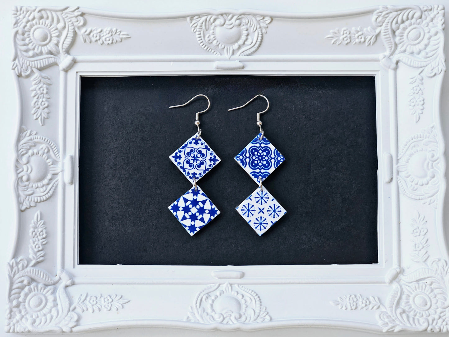 Botanical Blues White Moroccan Tile Earrings