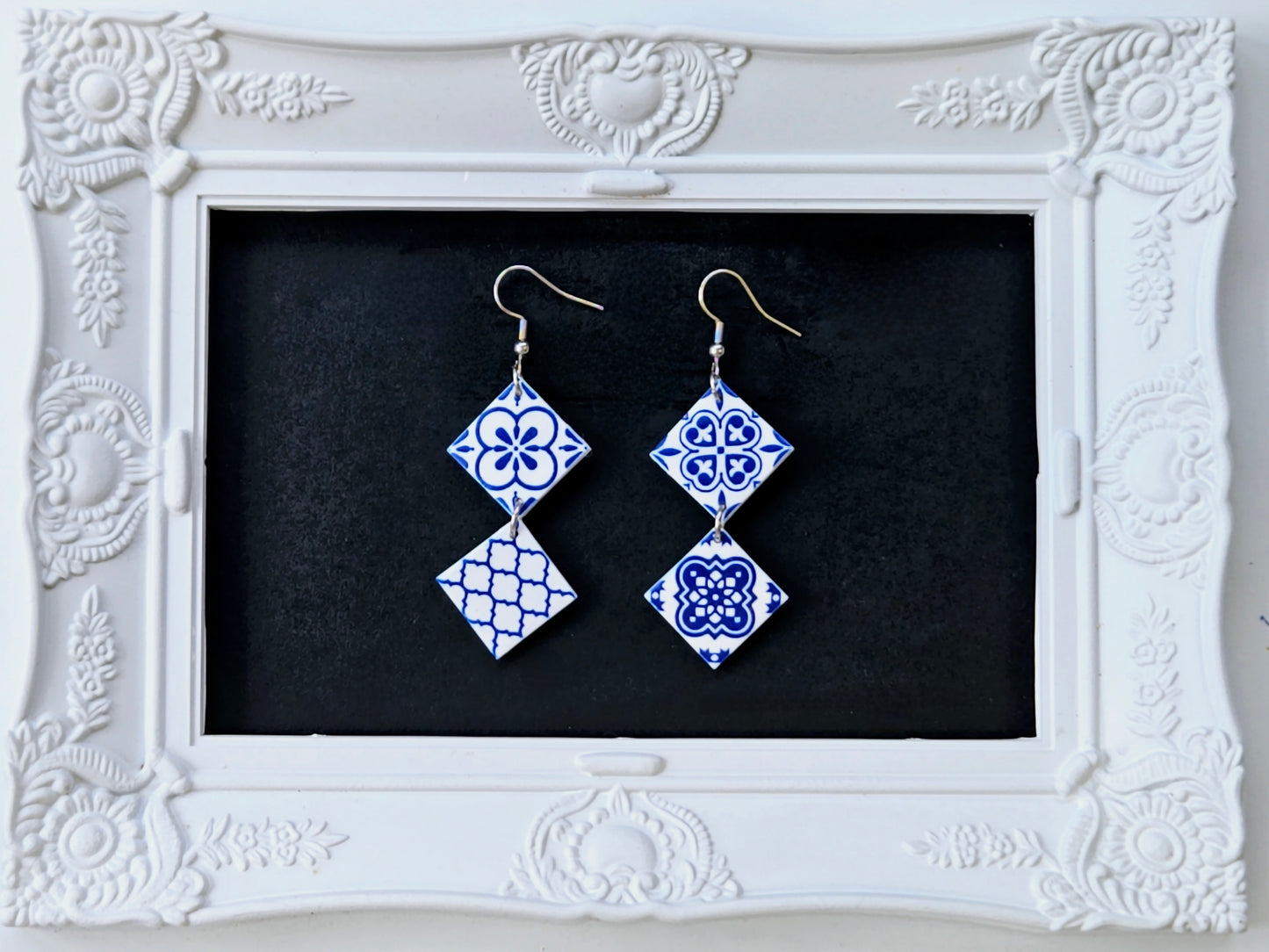 Botanical Blues White Moroccan Tile Earrings