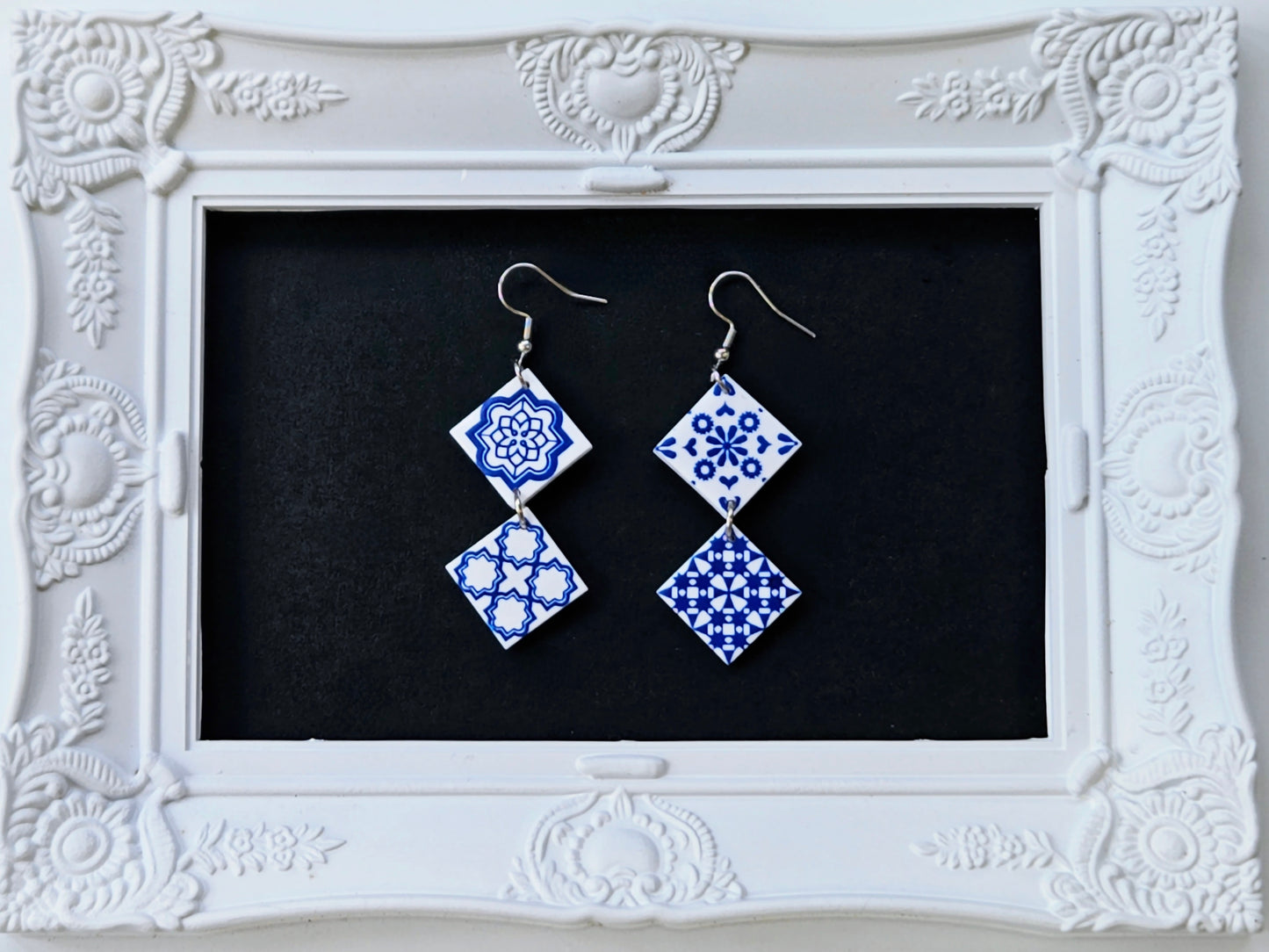 Botanical Blues White Moroccan Tile Earrings