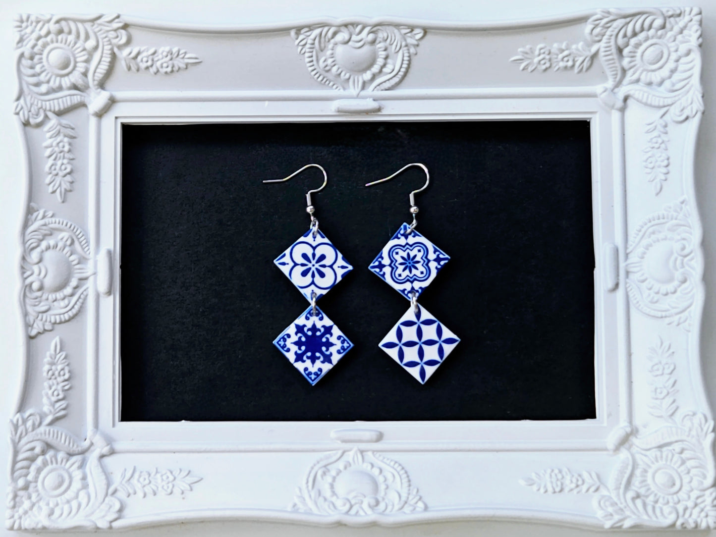 Botanical Blues White Moroccan Tile Earrings