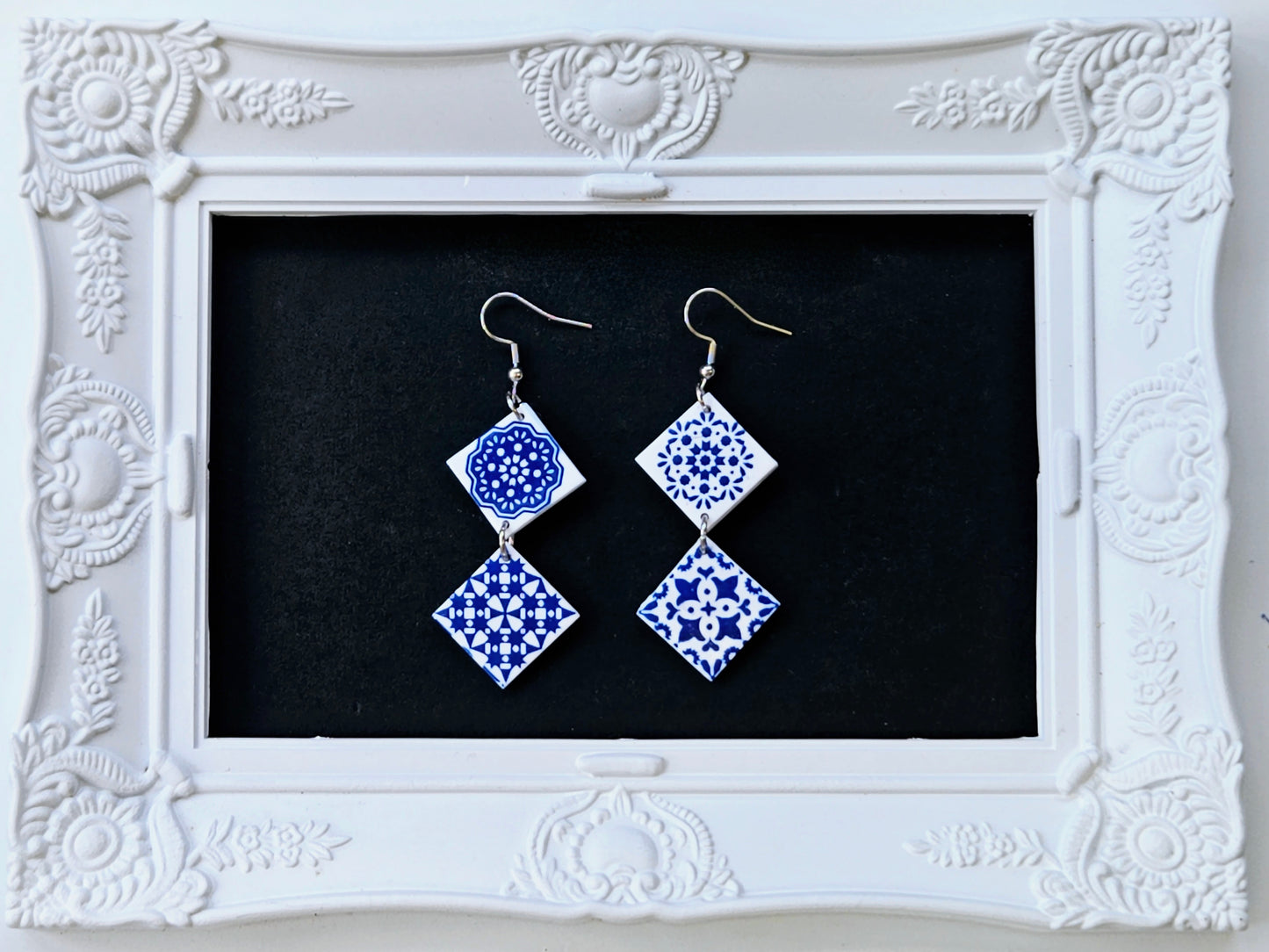 Botanical Blues White Moroccan Tile Earrings