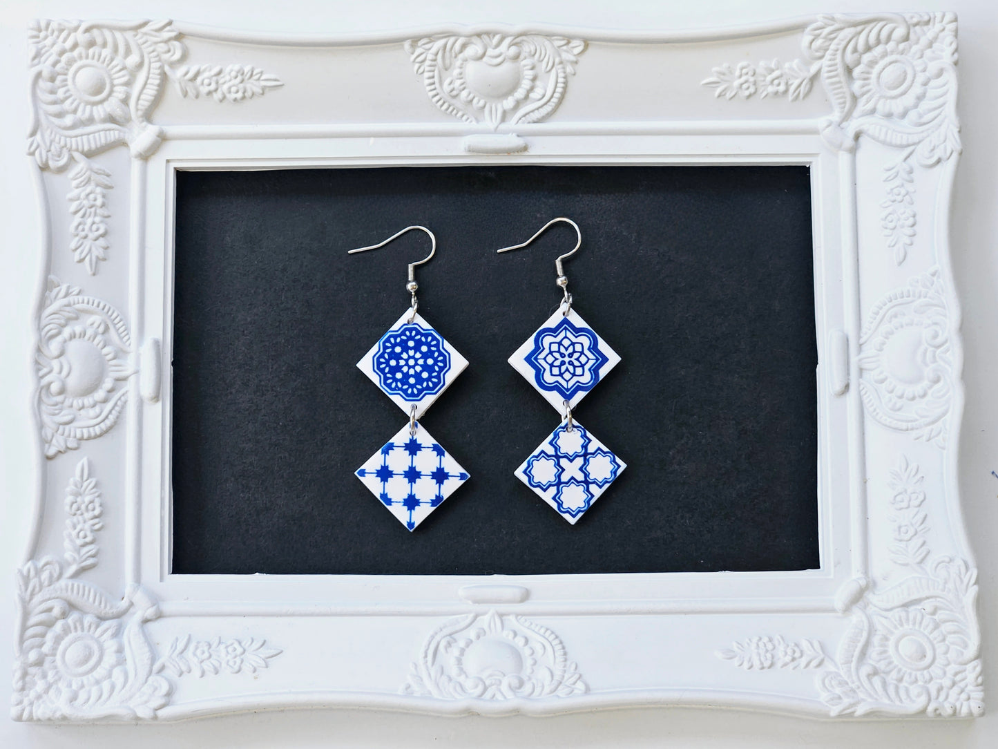 Botanical Blues White Moroccan Tile Earrings