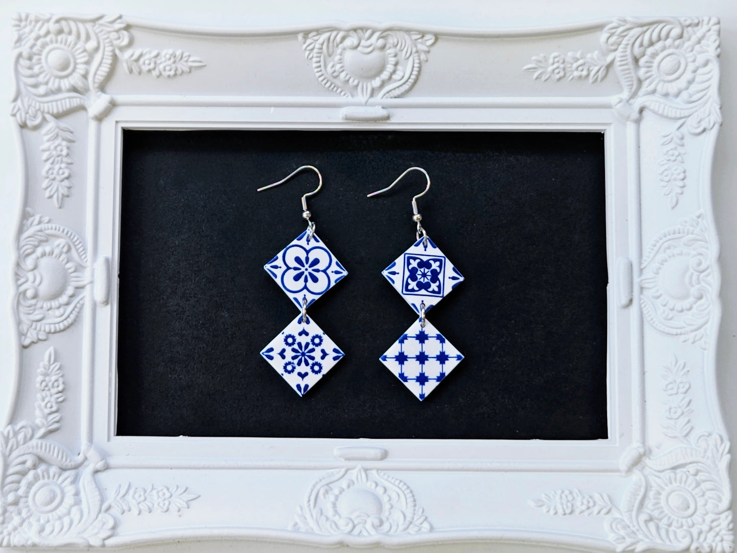 Botanical Blues White Moroccan Tile Earrings