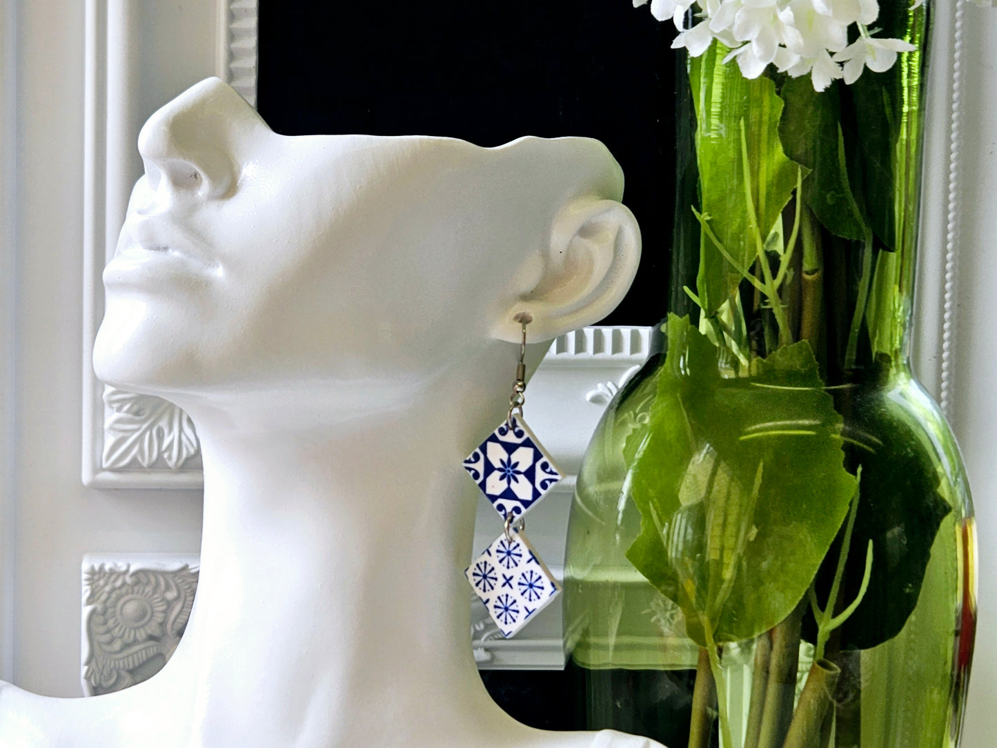 Botanical Blues White Moroccan Tile Earrings